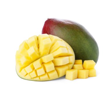 Cut and whole ripe mangoes isolated on white clipart