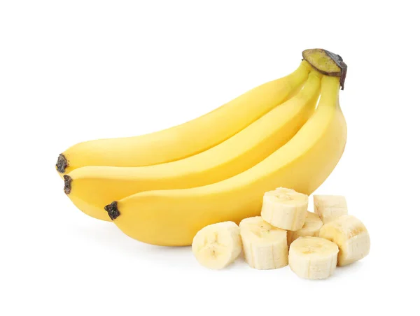 Deliciosas Bananas Maduras Pedaços Isolados Branco — Fotografia de Stock