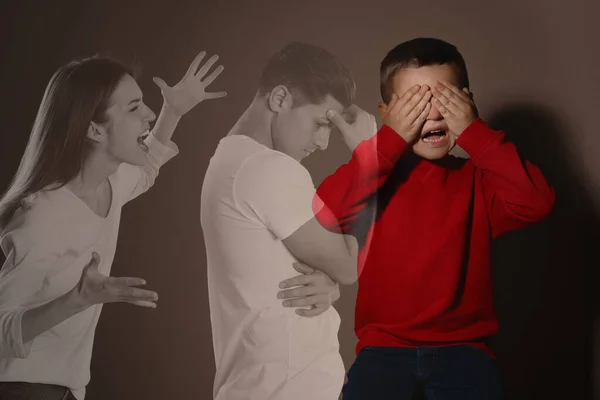 Double Exposure Scared Little Boy His Arguing Parents — Stock Photo, Image