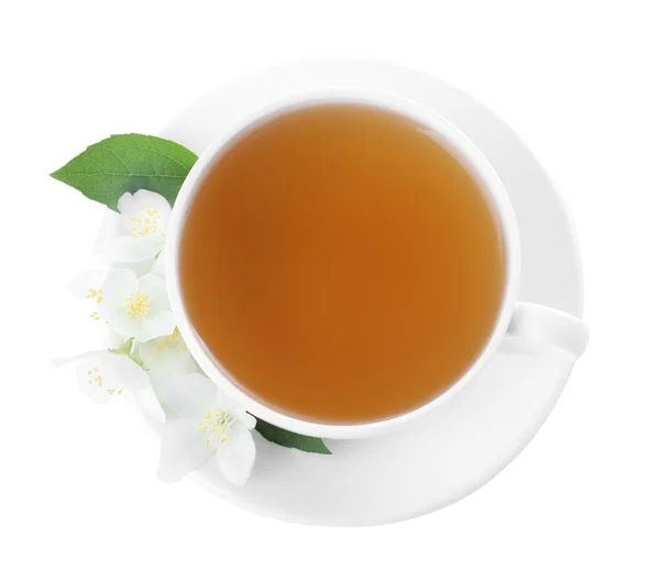 Tasse Tee Und Frische Jasminblüten Isoliert Auf Weißem Grund Draufsicht — Stockfoto