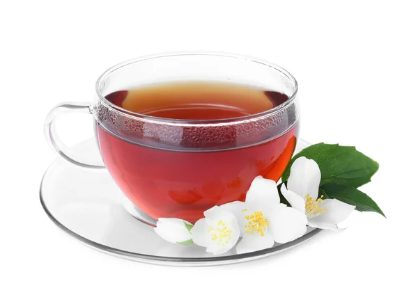 Tasse Tee Und Frische Jasminblüten Isoliert Auf Weiß — Stockfoto
