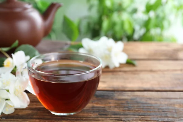 Cup Tea Fresh Jasmine Flowers Wooden Table Space Text — Stock Photo, Image