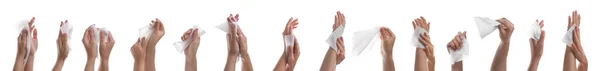Vista Perto Pessoas Limpando Mãos Com Toalhetes Molhados Fundo Branco — Fotografia de Stock
