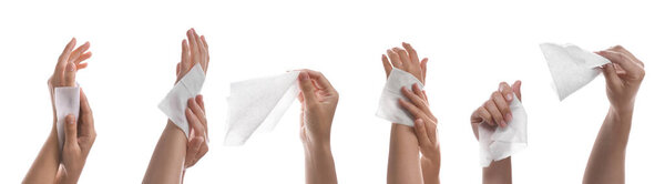 Крупный план людей, чистящих руки влажными салфетками на белом фоне, коллаж. Баннерный дизайн
