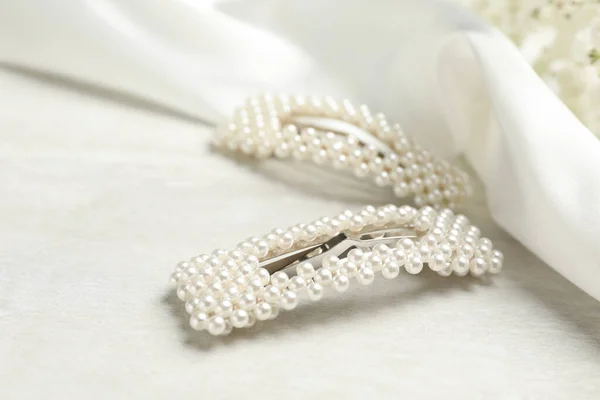 Beautiful Hair Clips Pearls White Table Stock Image