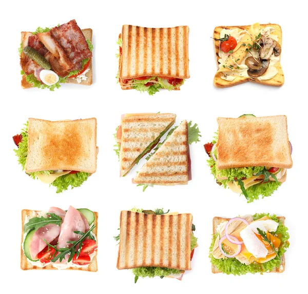 Set Toasted Bread Different Toppings White Background Top View — Stock Photo, Image