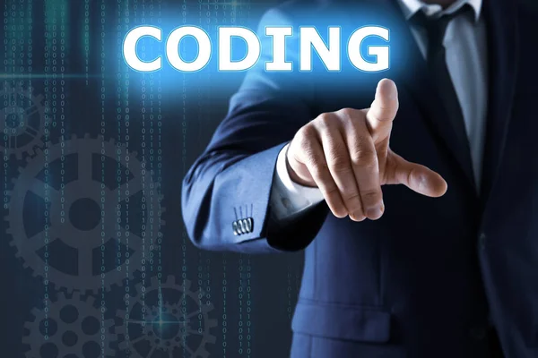 Homme Affaires Pointant Vers Mot Coding Sur Écran Virtuel Gros — Photo