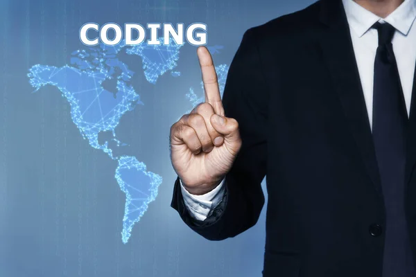 Coding 단어와 디지털 지도의 삽화를 배경으로 클로즈업을 가리키는 사업가 — 스톡 사진