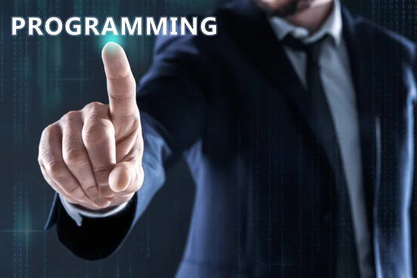 Businessman Pointing Word Programming Virtual Screen Closeup — Stock Photo, Image