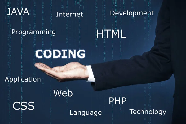 Empresario Pantalla Virtual Con Diferentes Palabras Primer Plano Programación Codificación —  Fotos de Stock
