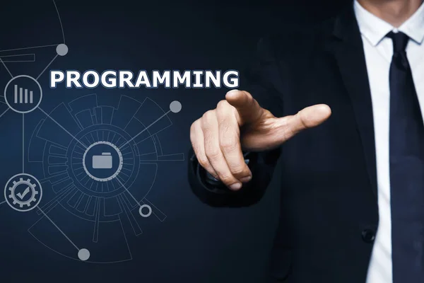 화면에서 Programming 가리키는 사업가 — 스톡 사진