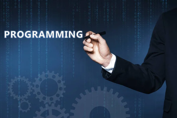 Businessman Pointing Word Programming Virtual Screen Closeup — Stock Photo, Image