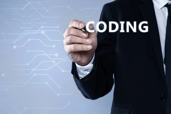 Homme Affaires Pointant Vers Mot Coding Sur Écran Virtuel Gros — Photo