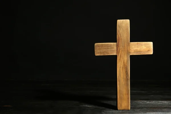 Christian Cross Wooden Table Black Background Space Text Religion Concept — Stock Photo, Image