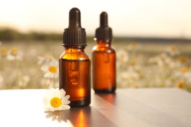 Sahadaki masada bir şişe papatya yağı var. Metin için boşluk