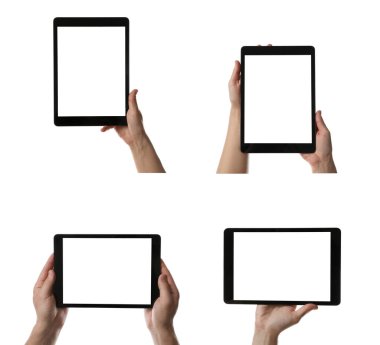 Tablet bilgisayarını beyaz arkaplanda tutan insanların fotoğraflarıyla kolaj, yakın plan 