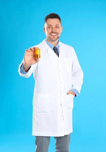 Professional Pharmacist Pills Light Blue Background — Stock Photo, Image