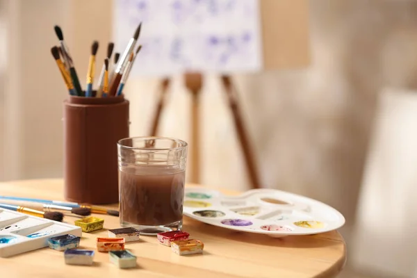 Samenstelling Met Aquarelverf Houten Tafel Werkplaats — Stockfoto