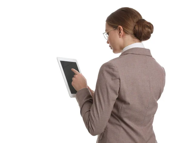 Young Businesswoman Tablet White Background — Stock Photo, Image