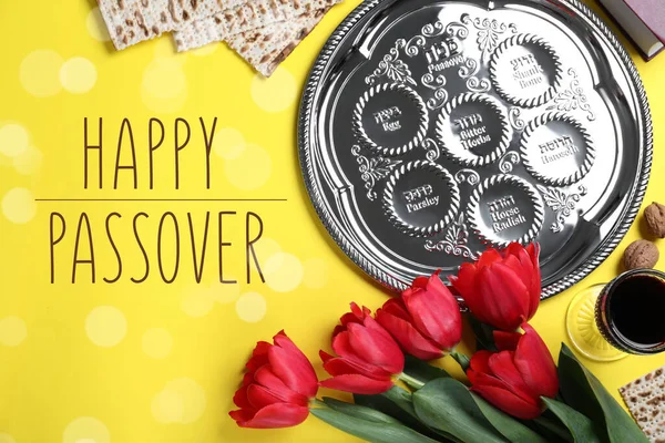 Επίπεδη Σύνθεση Lay Συμβολικό Πέσαχ Passover Seder Στοιχεία Κίτρινο Φόντο — Φωτογραφία Αρχείου