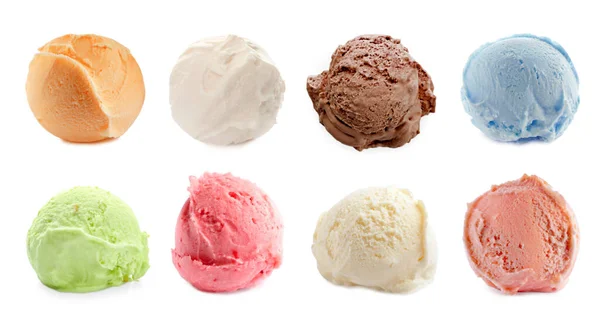 Set Kopečky Různých Zmrzlin Bílém Pozadí Návrh Nápisu — Stock fotografie