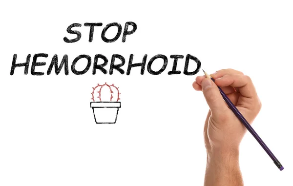 Hombre Escribiendo Frase Stop Hemorrhoid Sobre Fondo Blanco Primer Plano — Foto de Stock