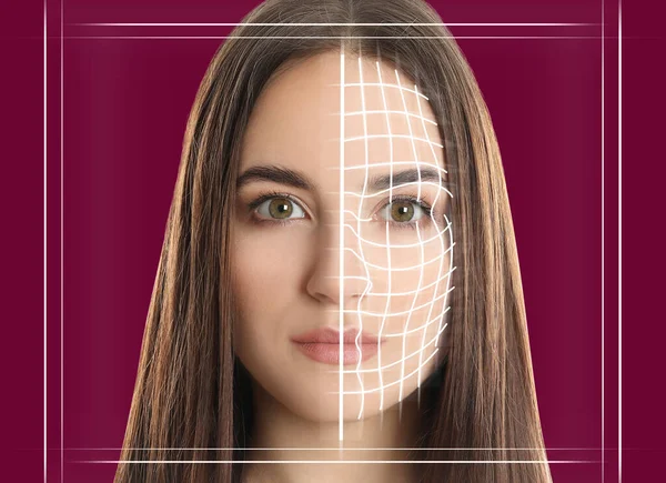 Facial Recognition System Woman Scanner Frame Digital Biometric Grid Purple — Stock Photo, Image