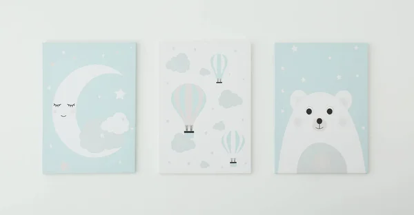 Different cute pictures on white wall. Children's room interior elements