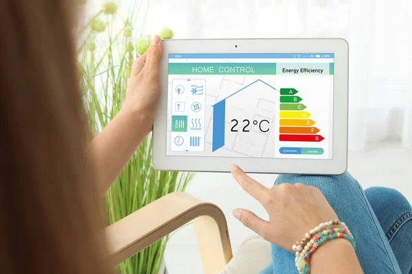 System Kontroli Wewnętrznej Efektywności Energetycznej Kobieta Stosująca Tabletkę Ustawienia Temperatury — Zdjęcie stockowe