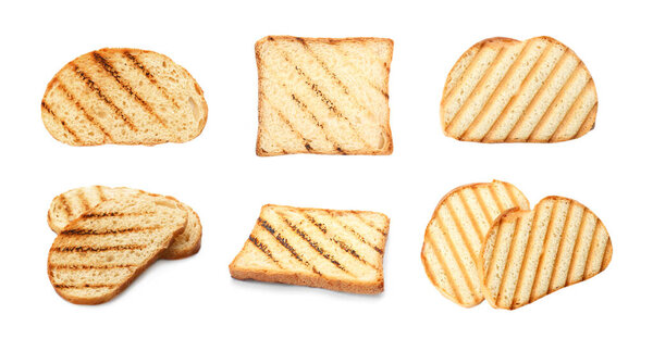 Set of toasted bread slices on white background