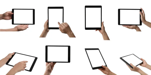 Colagem Com Fotos Pessoas Segurando Computador Tablet Fundo Branco Close — Fotografia de Stock