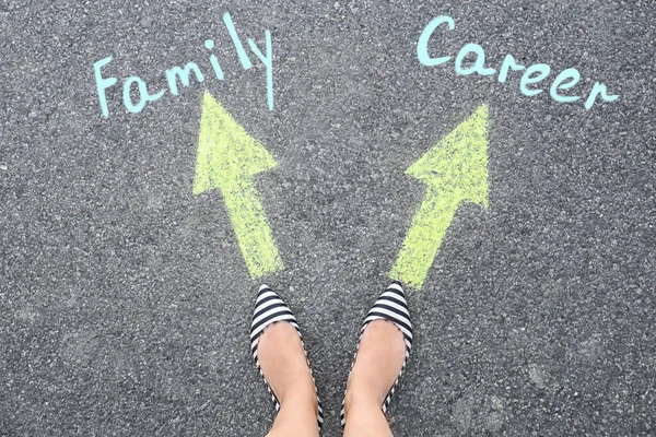 Life Choice Woman Road Arrows Directions Family Career Top View — Stock Photo, Image