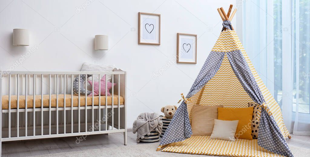 Baby room interior with comfortable crib and play tent. Banner design