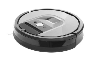 Modern robotik süpürge beyaza izole edilmiş.
