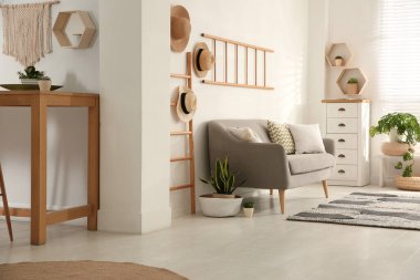 Oturma odasının içinde rahat bir kanepe var.