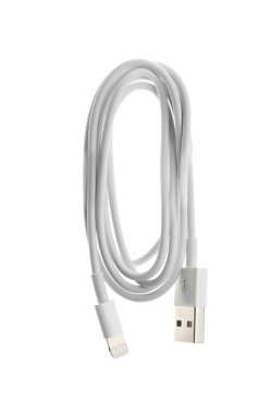 USB kablo kablosu beyaz, üst görünümde izole edildi. Modern teknoloji