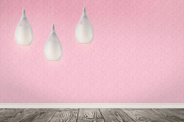 Stylish pendant lamps hanging near pink wall in room