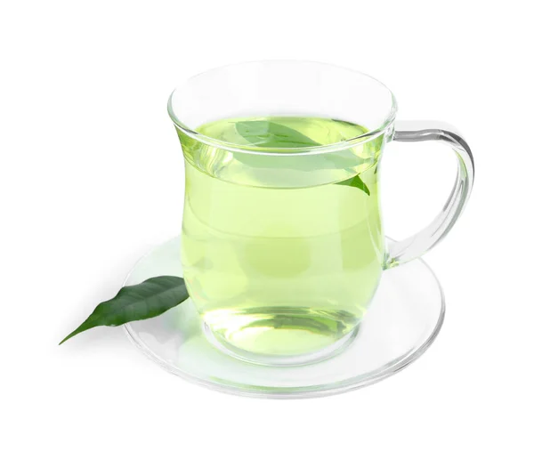 Taza Verde Aromático Con Hojas Aisladas Sobre Blanco — Foto de Stock