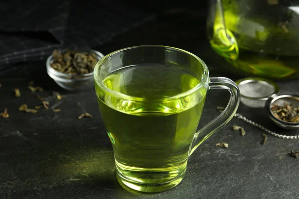 Xícara Chá Verde Aromático Mesa Cinza — Fotografia de Stock