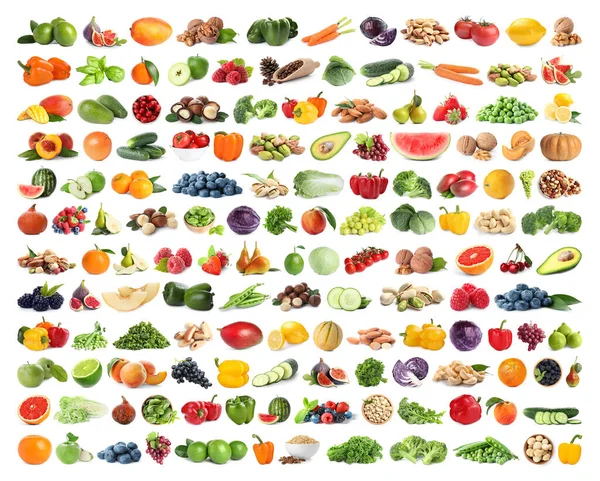 Uppsättning Frukt Grönsaker Bär Och Nötter Vit Bakgrund — Stockfoto