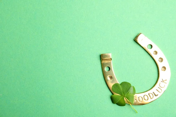 Hoja Trébol Herradura Sobre Fondo Verde Plano Yacía Con Espacio — Foto de Stock