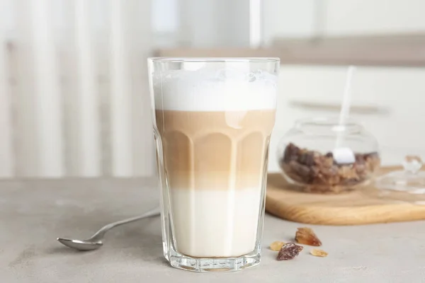 Delicious Latte Macchiato Glass Grey Table Indoors — Stock Photo, Image