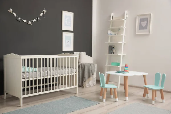 Cute Baby Room Interior Modern Crib Dark Wall — Stock Photo, Image