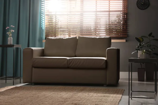 Interior Ruang Tamu Bergaya Dengan Sofa Kulit Elegan — Stok Foto
