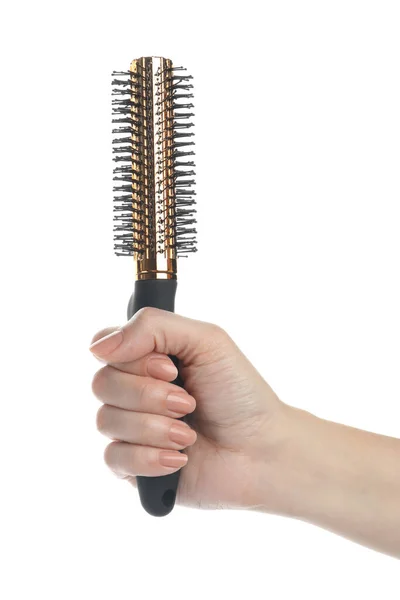 Woman Holding Hair Brush White Background Closeup — Stock Photo, Image