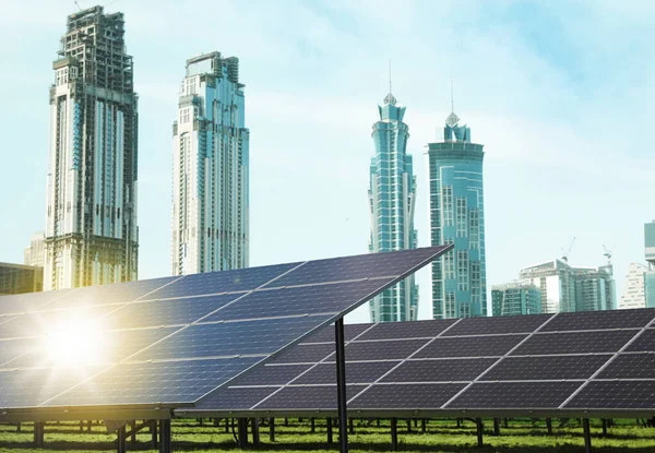 Cityscape Solar Panels Installed Outdoors Alternative Energy Source — Stock Photo, Image