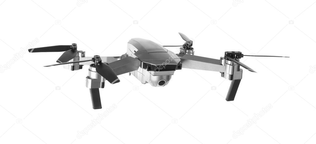 Modern drone with camera isolated on white