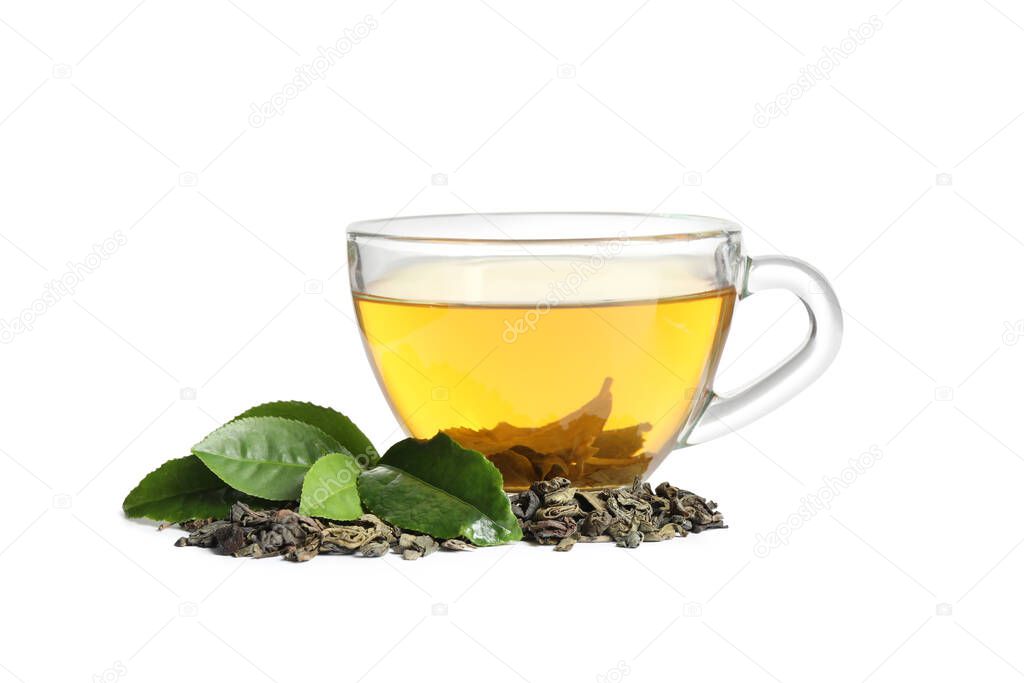 Tasty green tea with fresh and dry leaves on white background