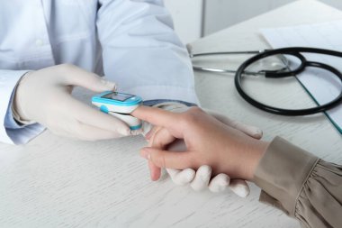 Doctor examining patient with fingertip pulse oximeter at white wooden table, closeup clipart