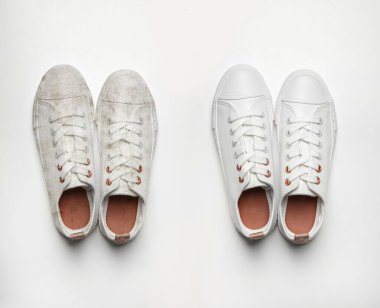 Beyaz arkaplanı temizlemeden önce ve sonra bir çift şık ayakkabı, üst görünüm